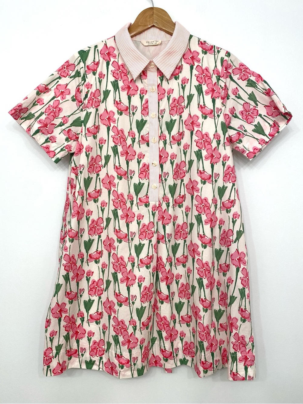 Doe & Rae 100% Cotton Floral Mini Shirt Dress Pink Green Cotton Collared L